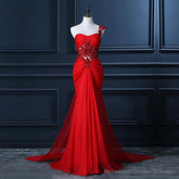 One Shoulder Prom Dress With Beaded Flowers, Unique Red Prom Gowns, Mermaid Chiffon Prom Dress With Cut-out